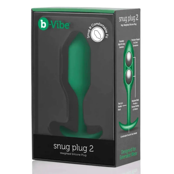 b-Vibe Snug Plug 2 green weighted silicone anal plug in retail packaging
