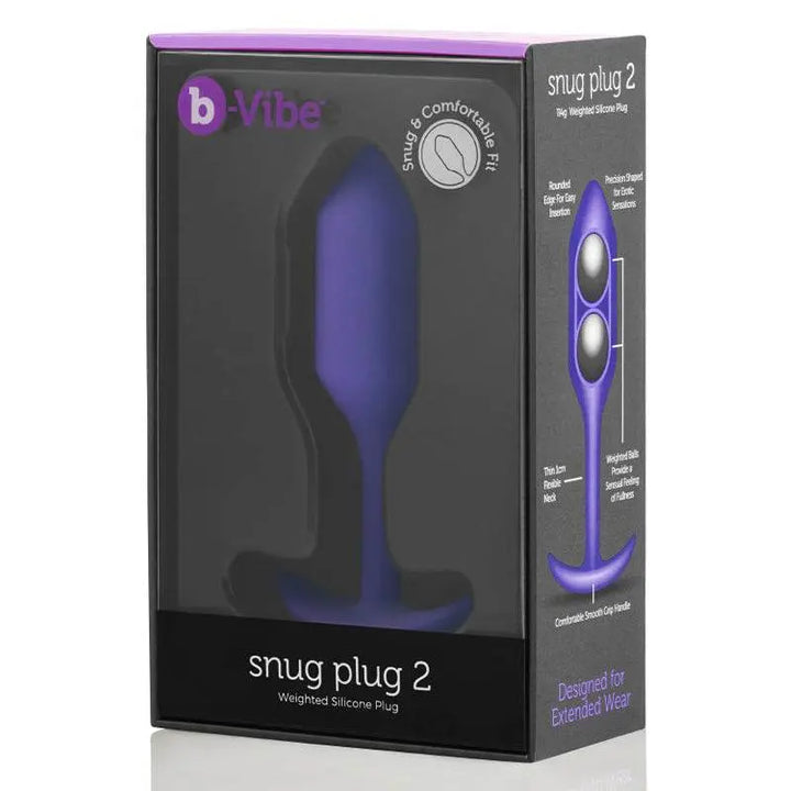b-Vibe Snug Plug 2 weighted silicone anal plug shown in purple retail packaging box