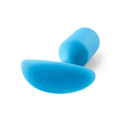 Close-up of b-Vibe Snug Plug 3 anchor base and narrow neck, sky blue body-safe silicone