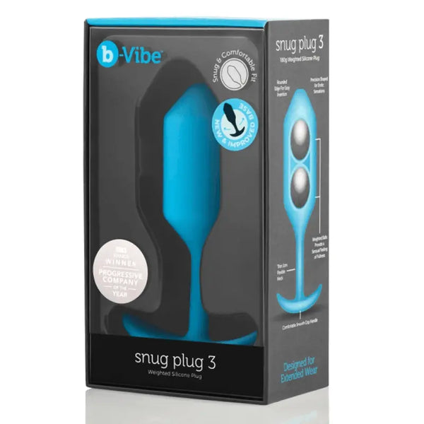 b-Vibe Snug Plug 3 in blue silicone shown in black retail box with feature callouts