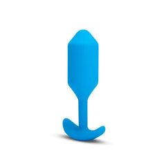 b-Vibe Snug Plug 3 blue silicone plug at slight angle, highlighting slim neck and base