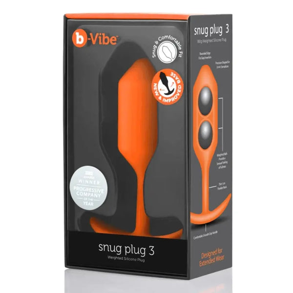 b-Vibe Snug Plug 3 orange weighted silicone anal plug in branded retail box