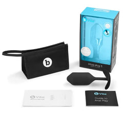 b-Vibe Snug Plug 3 shown with storage pouch, quick-start card, anal play guide, and retail box