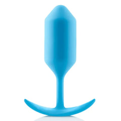 B-Vibe Snug Plug 3 weighted anal plug in sky blue silicone, front view on white