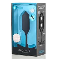 b-Vibe Snug Plug 3 weighted silicone anal plug in black retail packaging with teal accents