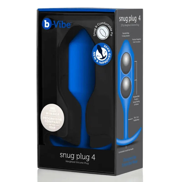 b-Vibe Snug Plug 4 navy blue weighted silicone anal plug in branded black retail box