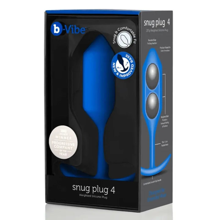 b-Vibe Snug Plug 4 navy blue weighted silicone anal plug in branded black retail box