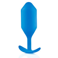 B-Vibe Snug Plug 5 blue silicone plug slight angle showing tapered body and flexible base