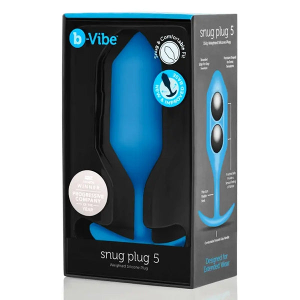 b-Vibe Snug Plug 5 weighted silicone anal plug in blue shown in black retail box packaging