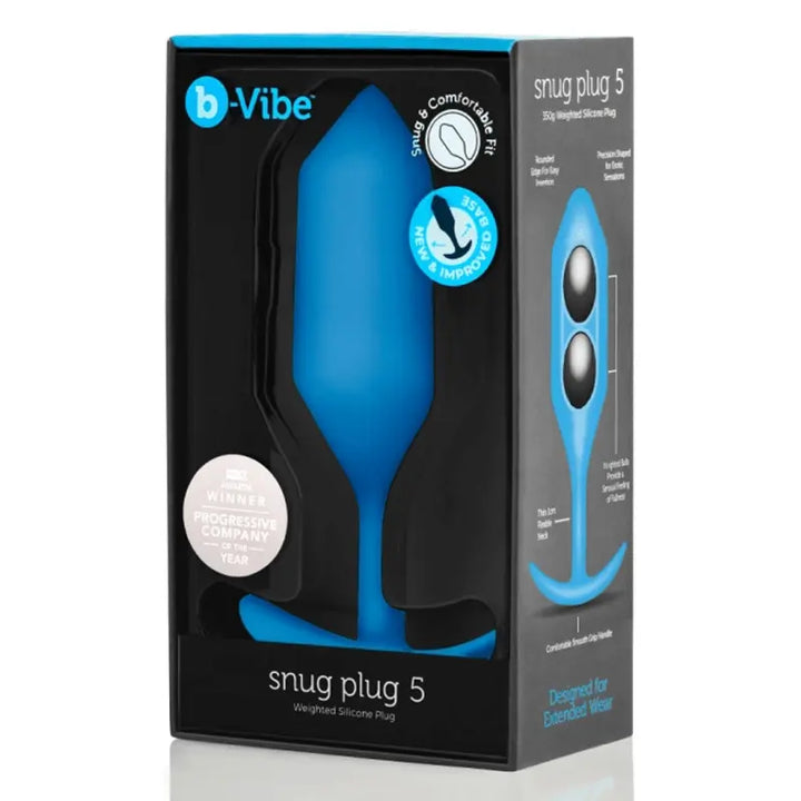 b-Vibe Snug Plug 5 weighted silicone anal plug in blue shown in black retail box packaging