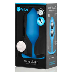 b-Vibe Snug Plug 5 weighted silicone anal plug in blue shown in black retail box packaging