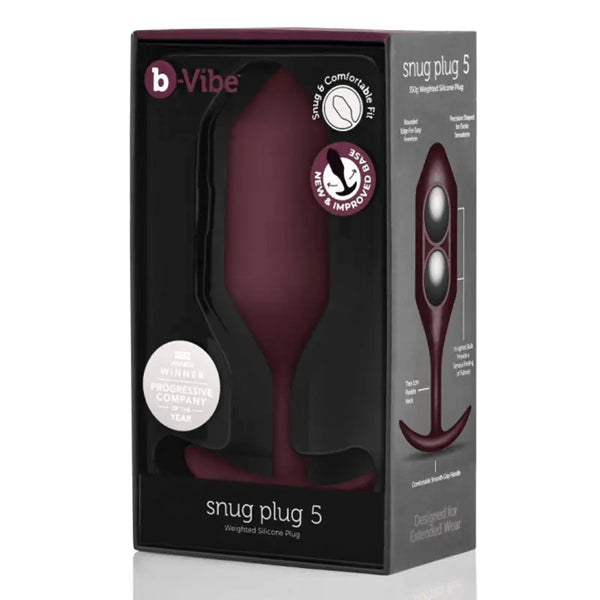 b-Vibe Snug Plug 5 weighted silicone anal plug shown in dark red retail packaging