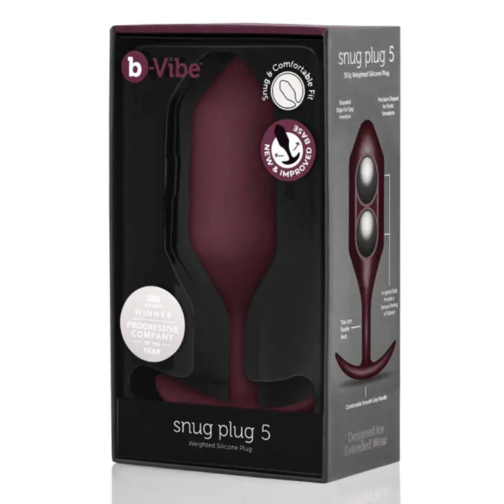 b-Vibe Snug Plug 5 weighted silicone anal plug shown in dark red retail packaging