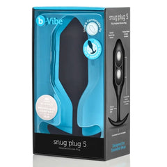 b-Vibe Snug Plug 5 weighted silicone anal plug shown in retail packaging, black