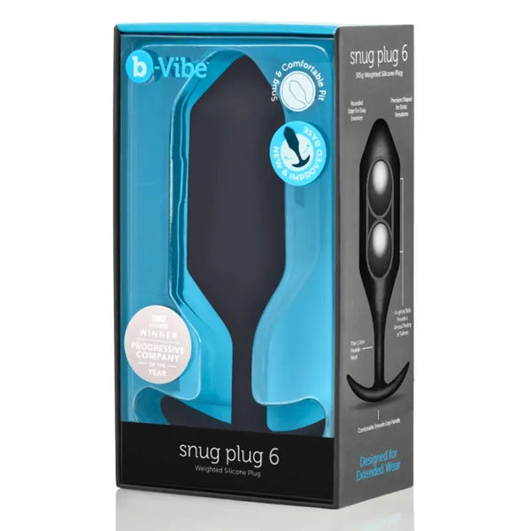 b-Vibe Snug Plug 6 in retail box showing weighted silicone anal plug in black