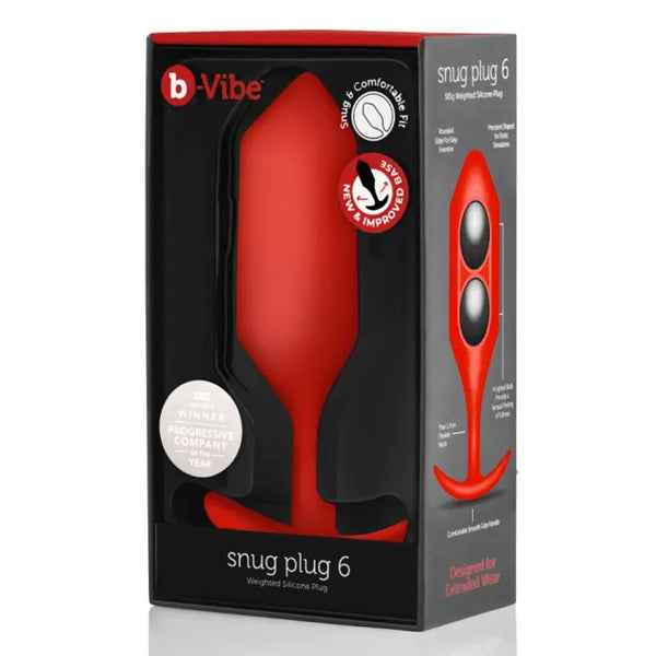 b-Vibe Snug Plug 6 weighted silicone anal plug in red shown in retail box packaging