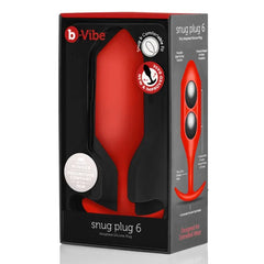 b-Vibe Snug Plug 6 weighted silicone anal plug in red shown in retail box packaging