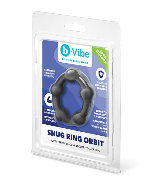 b-Vibe Snug Ring Orbit black silicone cock ring in clear clamshell packaging