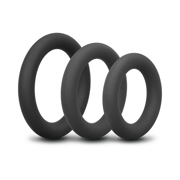 b-Vibe Snug Ring Swole 3-pack black silicone cock rings stacked by size, front view