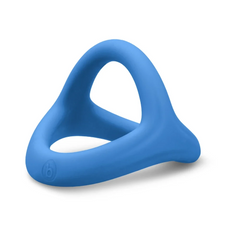 b-Vibe Snug Ring Tri-Sling blue silicone cock and ball sling, triangular front view