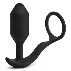 b-Vibe Snug & Tug matte black silicone anal plug with attached flexible cock ring, side view
