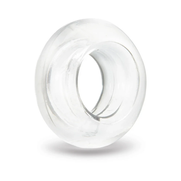 b-Vibe Stretch-Tech Choke clear cock ring, front view, thick donut shape in transparent TPE