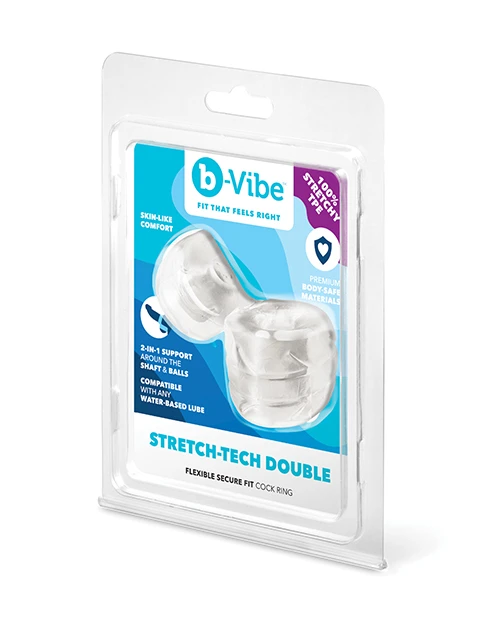 b-Vibe Stretch-Tech Double cock ring in clear stretchy TPE, shown in retail clamshell packaging