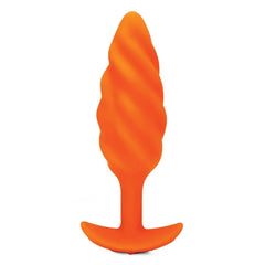 b-Vibe Swirl orange silicone plug showing spiral twist texture and curved base, front view