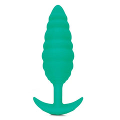 b-Vibe Twist textured silicone anal plug in teal showing ribbed spiral shape, front view