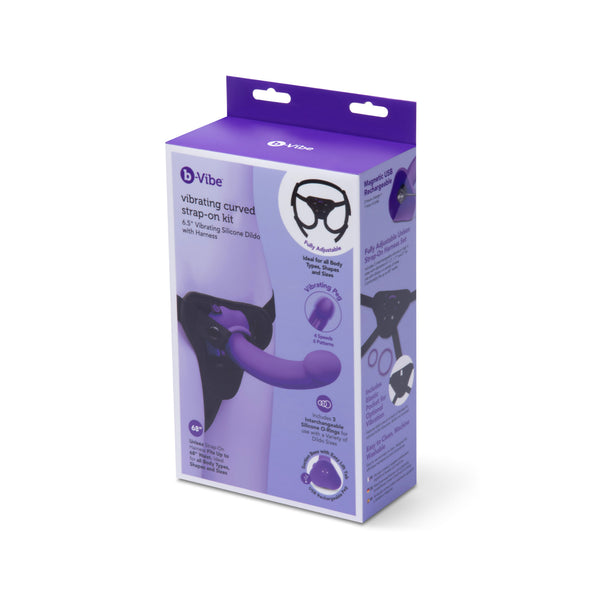 b-Vibe Vibrating Curved Strap-On Kit box showing purple dildo and harness contents