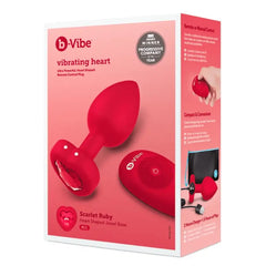 b-Vibe Vibrating Heart plug M/L in scarlet red with remote control, retail box front view