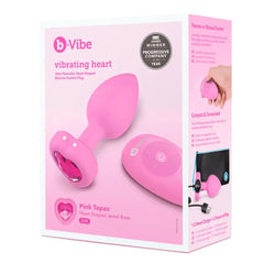 b-Vibe Vibrating Heart plug Pink Topaz edition in retail packaging with feature details