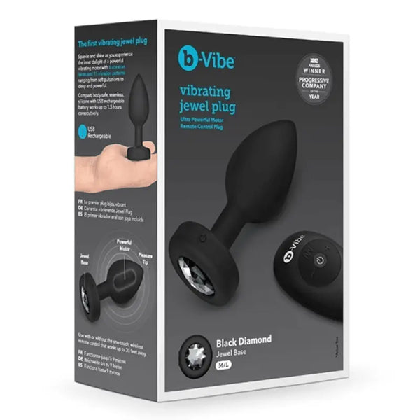 b-Vibe Vibrating Jewel Plug M/L black silicone product box with remote and diagram