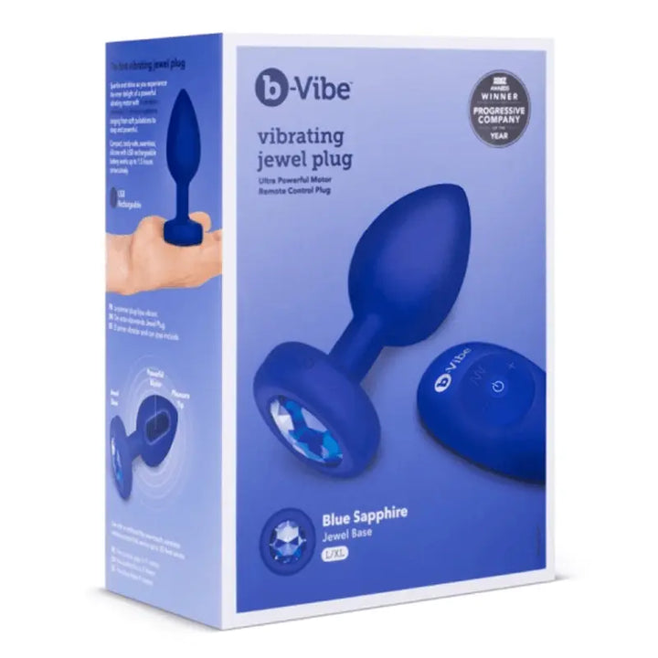 b-Vibe Vibrating Jewel Plug navy blue silicone set with remote control in product box