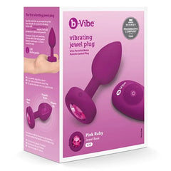 b-Vibe Vibrating Jewel Plug packaging showing Pink Ruby jewel base detail, size S/M