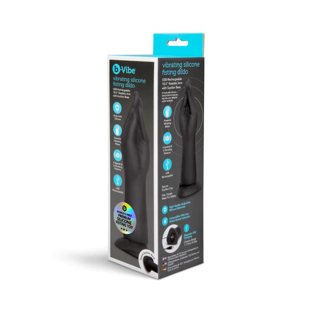 b-Vibe Vibrating Silicone Fisting Dildo in black packaging showing product front view