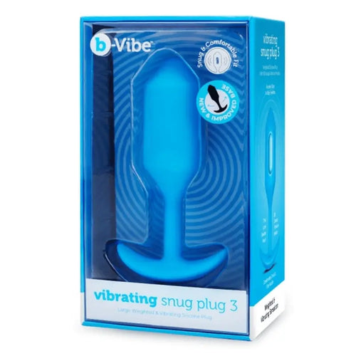 b-Vibe Vibrating Snug Plug 3 in blue silicone shown in retail packaging, front view