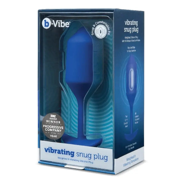 b-Vibe Vibrating Snug Plug 4 in navy blue silicone displayed in retail packaging box