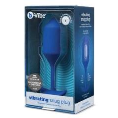 b-Vibe Vibrating Snug Plug 4 in navy blue silicone displayed in retail packaging box