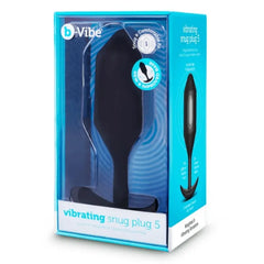 b-Vibe Vibrating Snug Plug 5 in black silicone shown in teal retail box packaging