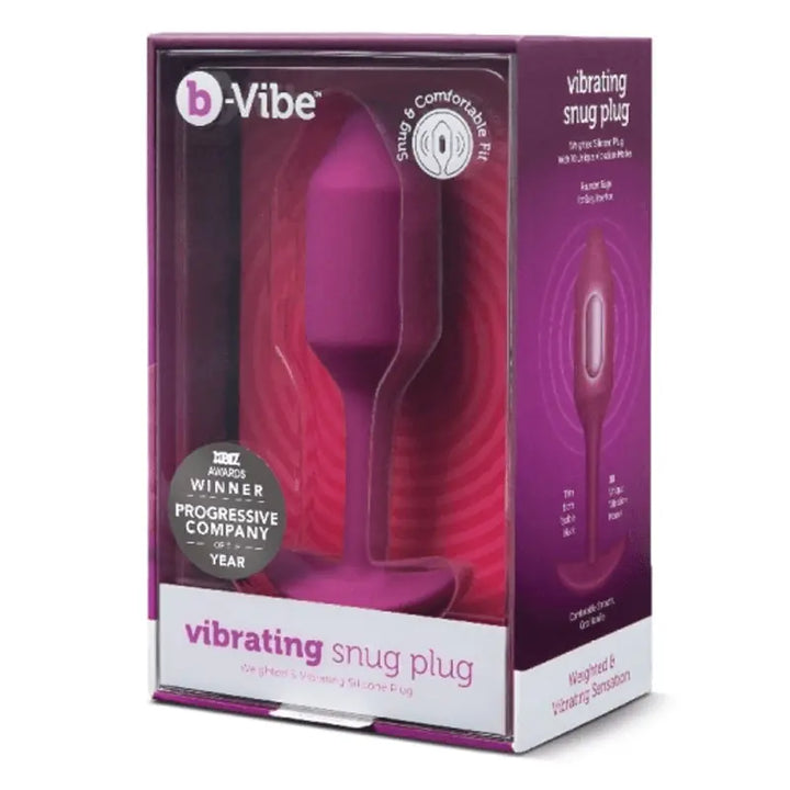 b-Vibe Vibrating Snug Plug in fuchsia silicone shown in award-winning retail packaging