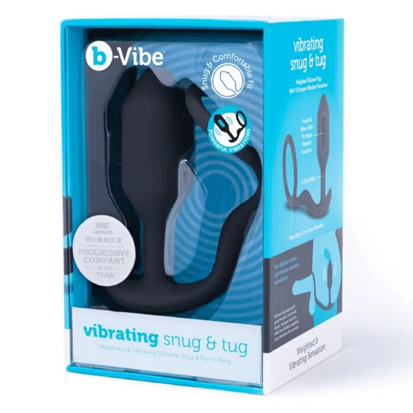 b-Vibe Vibrating Snug & Tug weighted silicone plug and cock ring set in black retail box