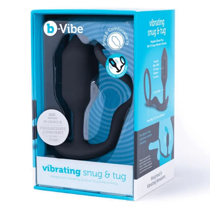 b-Vibe Vibrating Snug & Tug weighted silicone plug and cock ring set in black retail box