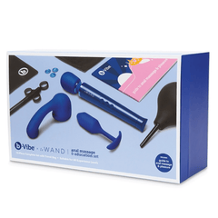 b-Vibe x Le Wand anal massage education set box showing blue silicone accessories and bulb