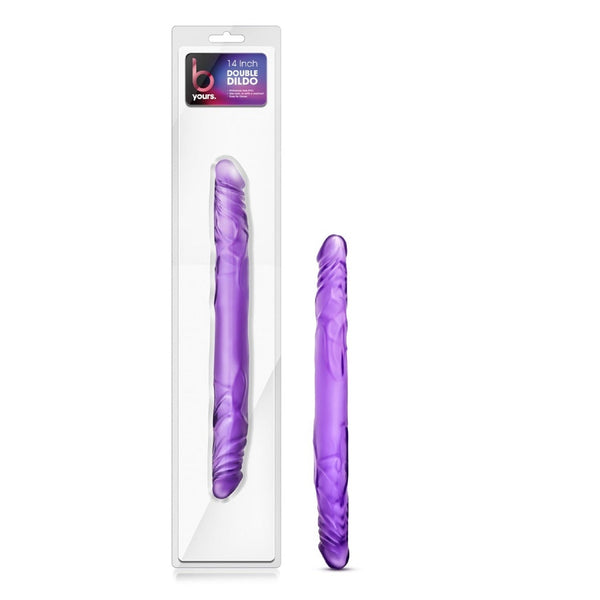 B Yours 14-inch Double Dildo in purple jelly shown in retail packaging beside unboxed product