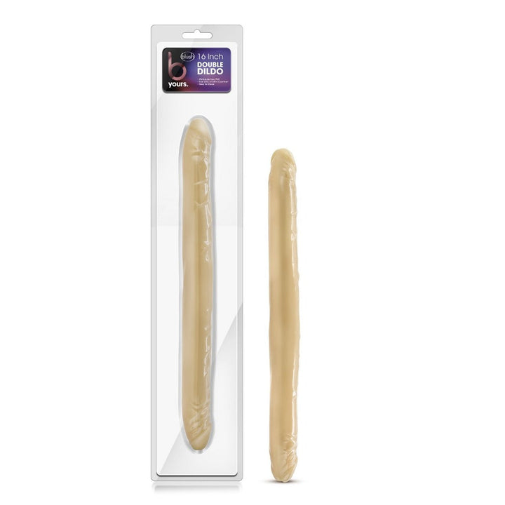 B Yours 16-inch Double Dildo by Blush in beige shown in packaging beside product