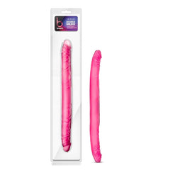 B Yours 16-inch Double Dildo in pink, shown beside retail packaging