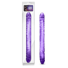 B Yours 18 Inch Double Dildo in translucent purple, shown in packaging and standalone
