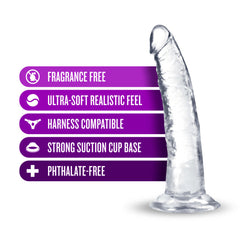 B Yours Plus dildo beside feature list: fragrance free, harness compatible, suction cup base