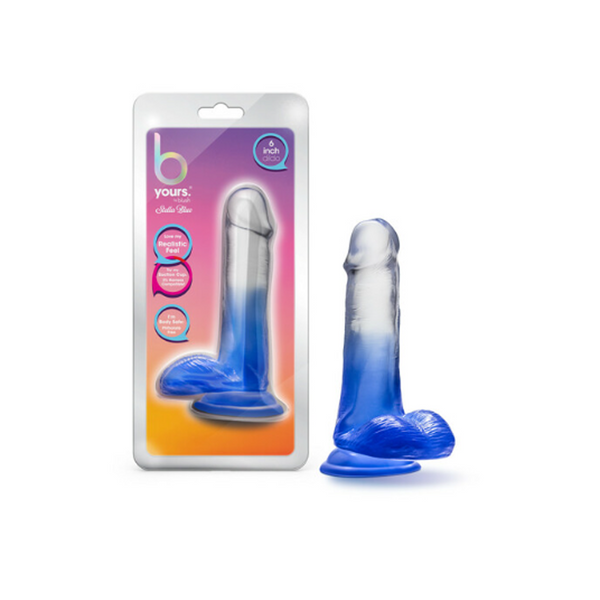 B Yours Stella Blue dildo beside retail packaging, clear-to-blue gradient jelly material